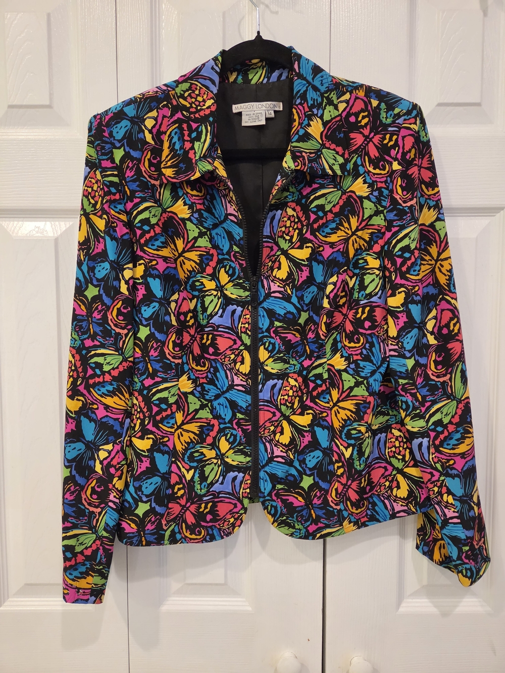 Vintage 90s Maggy London 100% Silk Rainbow Butterfly Zip-up Jacket
